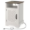 Farmhouse Nightstand Side Table, Wooden Rustic End Table, Tall Bedside Table with Electrical Outlets Charging Station (2 Sets) - White & Oak