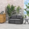 2-Piece Wicker Sofa Set, Outdoor Rattan Furniture with Curved Armrests, Cushions in Grey