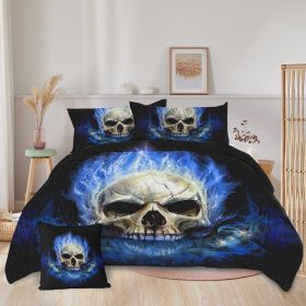 4 Piece Blue Fire Skull Comforter Set, 3D Skeleton Printed Bedding With 1 Comforter