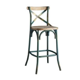 Wood & metal Bar Height Chair with X Style Panel back, Antique Sky Blue