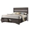 Queen Bed with Plank Headboard and 2 Drawers, Brown and Silver