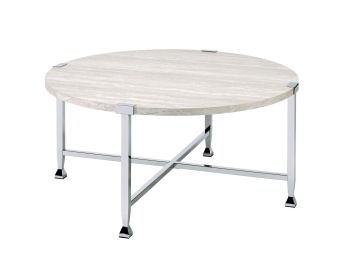 Coffee Table with X Shaped Metal Base and Round Wooden Top, Silver and Beige