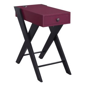 Wooden Frame Side Table with X Shaped Legs and 1 Drawer, Purple and Black