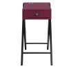 Wooden Frame Side Table with X Shaped Legs and 1 Drawer, Purple and Black