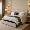 Fabric Twin Size Daybed with Button Tufted Back and Sloped Arms, Light Gray