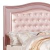 Full Size Wooden Bed With Mirror Trim Details and Camelback Headboard, Pink