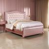 Full Size Wooden Bed With Mirror Trim Details and Camelback Headboard, Pink