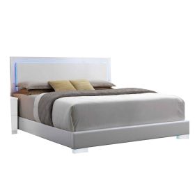 Leatherette Eastern King Bed with LED Panel Headboard and Chrome Legs, White