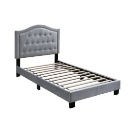 Button Tufted Queen Velvet Bed with Curved Headboard, Gray