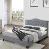 Button Tufted Queen Velvet Bed with Curved Headboard, Gray