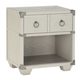 Two Drawer Wooden Nightstand with Metal Ring Pulls, Gray