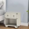 Two Drawer Wooden Nightstand with Metal Ring Pulls, Gray