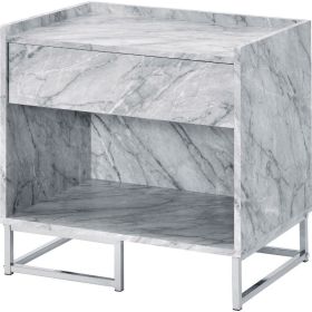 Faux Marble Accent Table with Chrome Finish, White