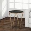 End Table with Glass Top and Geometric Frame, Black and Gold