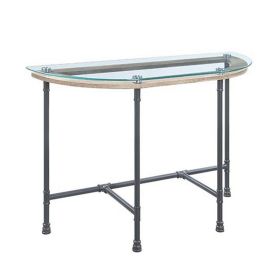 Wood Side Table, Oval Tempered Glass Top, Metal Pipe Style Legs, Clear Glass