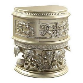 Nightstand with Scrolled Carvings and Half Moon Shape, Champagne Silver