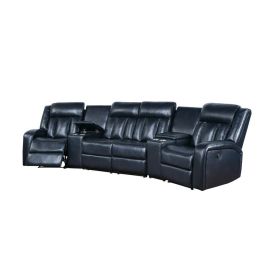 Max 5 Piece Manual Recliner Sectional Set, Vegan Faux Leather, Navy Blue