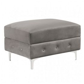 Anzo 32 Inch Square Ottoman, Button Tufting, Chrome Plated Steel Legs, Gray