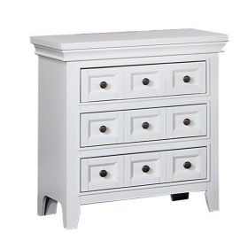 Cile 26 Inch Nightstand, 3 Panel Drawers, White Wood, Round Nickel Handles