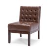 Armless Accent Chair, Tufted Dark Brown Faux Leather, Rubberwood Frame
