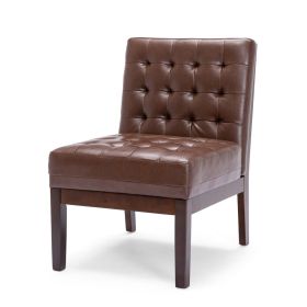 Armless Accent Chair, Tufted Dark Brown Faux Leather, Rubberwood Frame