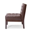 Armless Accent Chair, Tufted Dark Brown Faux Leather, Rubberwood Frame