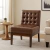 Armless Accent Chair, Tufted Dark Brown Faux Leather, Rubberwood Frame