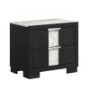 Amey 2 Drawer Nightstand, White Marble Trim, Black Wood