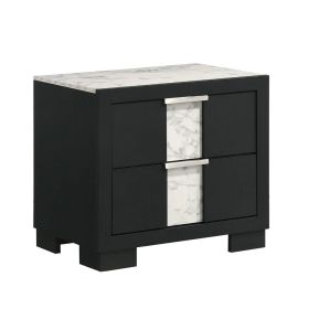 Amey 2 Drawer Nightstand, White Marble Trim, Black Wood