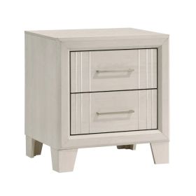 Charie Nightstand with 2 Drawers, Tapered Legs, Silver Metal, White Wood