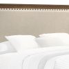 Shannon Queen Bed with Nailhead Trim, Ivory Fabric on Cherry Brown Wood