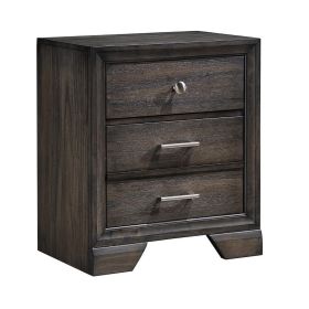 Jeni Nightstand, 3 Drawers, Chrome Metal Handles, Rustic Dark Gray