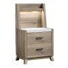 Tily Nightstand w Wall Panel, 2 Drawers, White Faux Stone Top, Brown