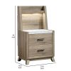 Tily Nightstand w Wall Panel, 2 Drawers, White Faux Stone Top, Brown