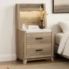 Tily Nightstand w Wall Panel, 2 Drawers, White Faux Stone Top, Brown