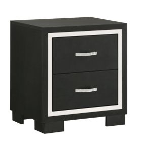 Geny Nightstand, 2 Drawers, Silver Trim and Metal Handles, Black Wood