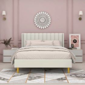 Queen Mid-Century Platform Bed Frame with Cream Velvet Upholstered Headboard