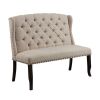 Nailhead Trim Fabric Upholstered Wing Back Wooden Bench, Beige and Black