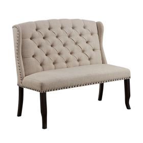 Nailhead Trim Fabric Upholstered Wing Back Wooden Bench, Beige and Black