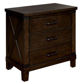Three Drawer Nightstand with Metal Handle And Crossed Planked Side Panels, Brown