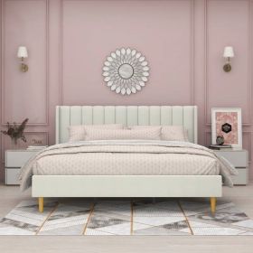 King Mid-Century Platform Bed Frame with Cream Velvet Upholstered Headboard