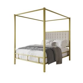 King size Gold Metal Canopy Bed with Upholstered Button-Tufted Headboard