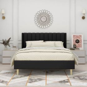 Queen size Mid-Century Black Linen Platform Bed Frame with Upholstered Headboard