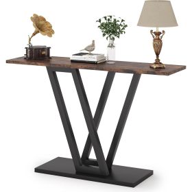 Modern 43-inch Narrow Entryway Table with Brown Wood Top and Black Metal Frame