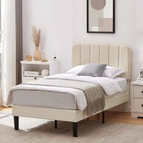 Twin size Beige Upholstered Platform Bed Frame with Headboard