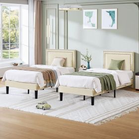 Twin Size - Set of 2  - Dorm Style Beige Tufted Upholstered Platform Beds
