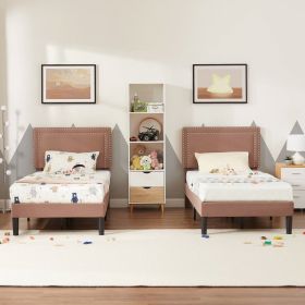 Set of 2 - Twin size Brown Tan Tufted Upholstered Platform Bed with Headboard