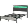 Full Bed Frame with Storage Upholstered Headboard, Full Size Bed Frame with LED Lights
