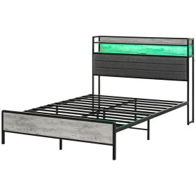Full Bed Frame with Storage Upholstered Headboard, Full Size Bed Frame with LED Lights