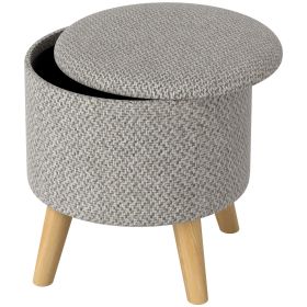 HOMCOM Round Ottoman Stool with Storage, Linen Upholstered Foot Stool with Padded Seat